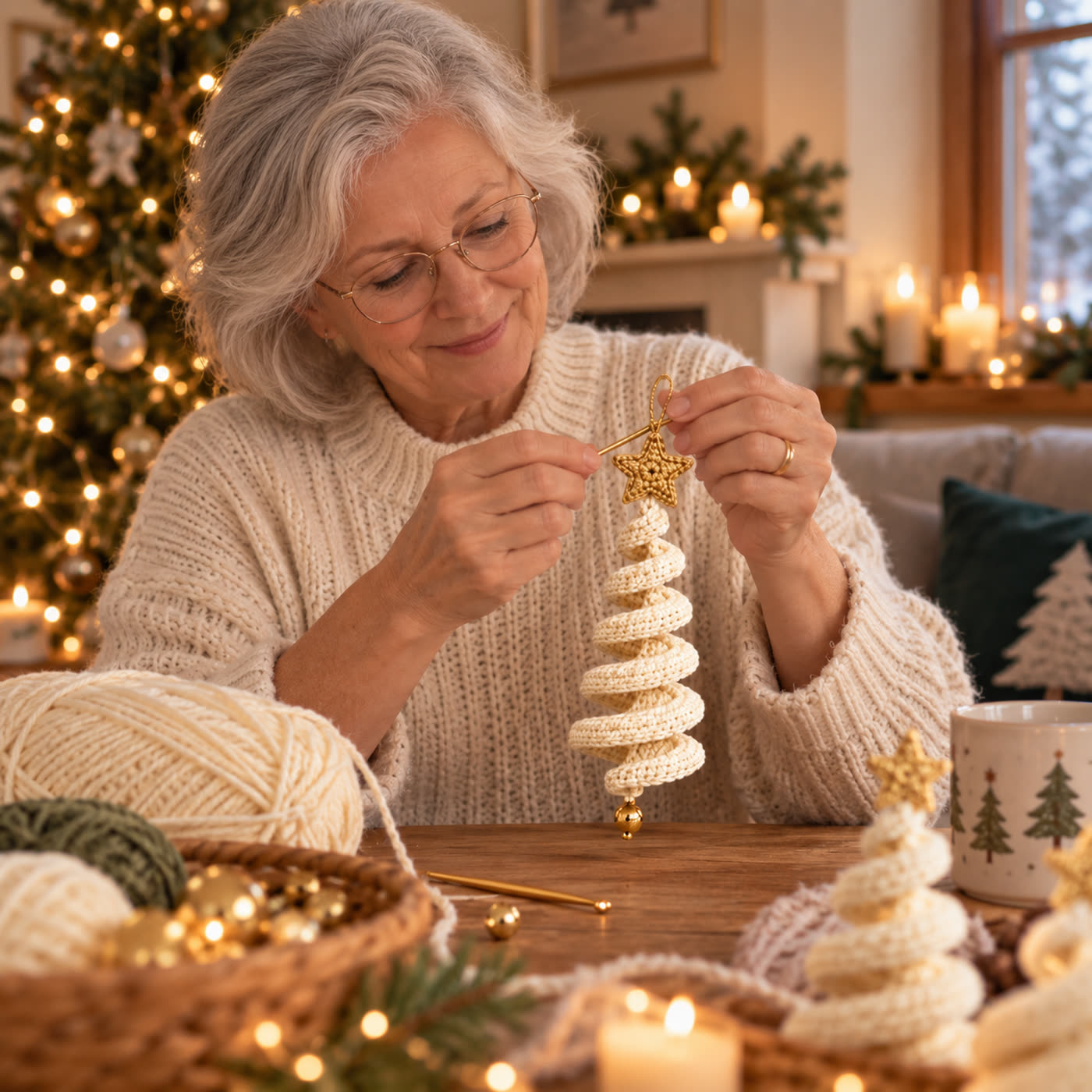Une crocheteuse termine un sapin spirale devant le sapin de Noël