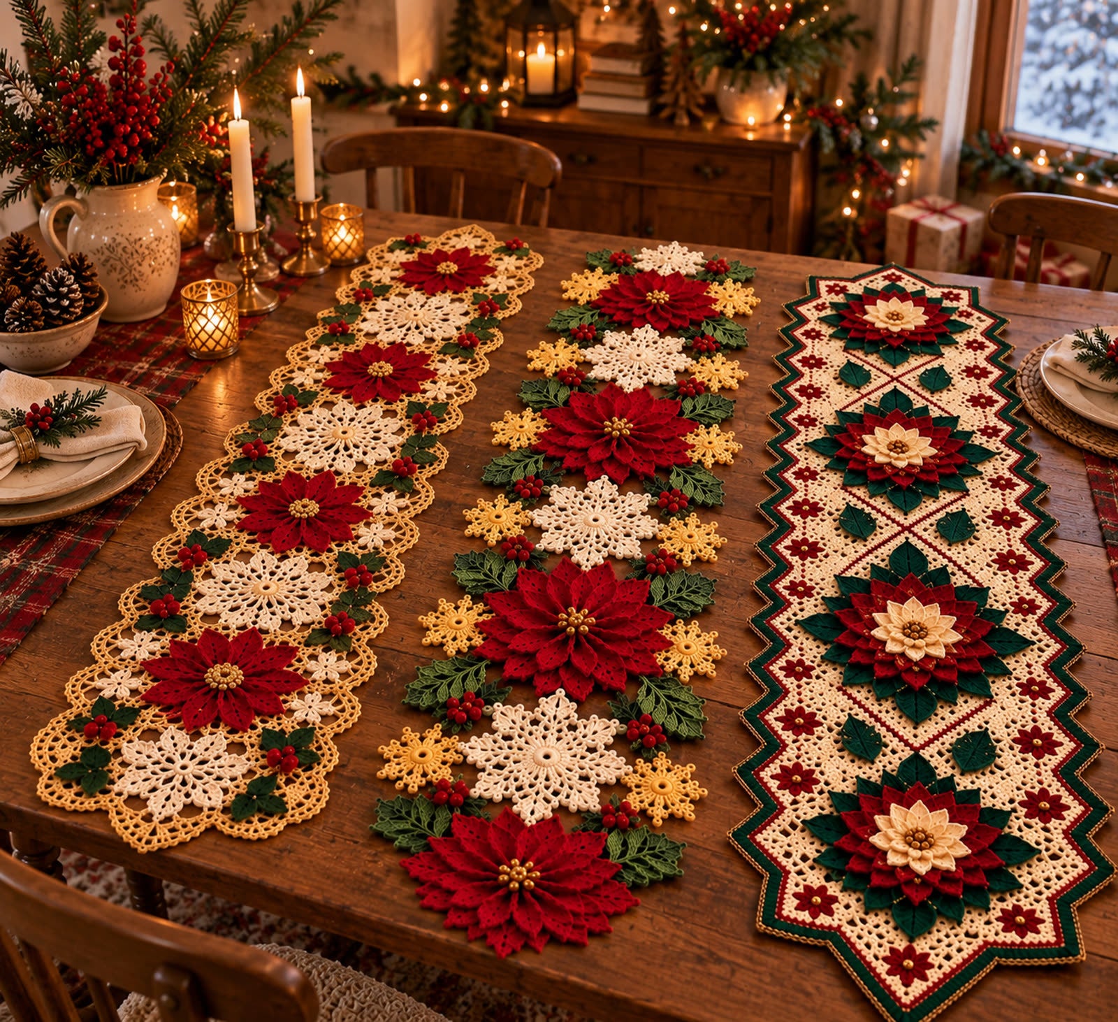 Trois chemins de table de Noël au crochet sur une table de fête