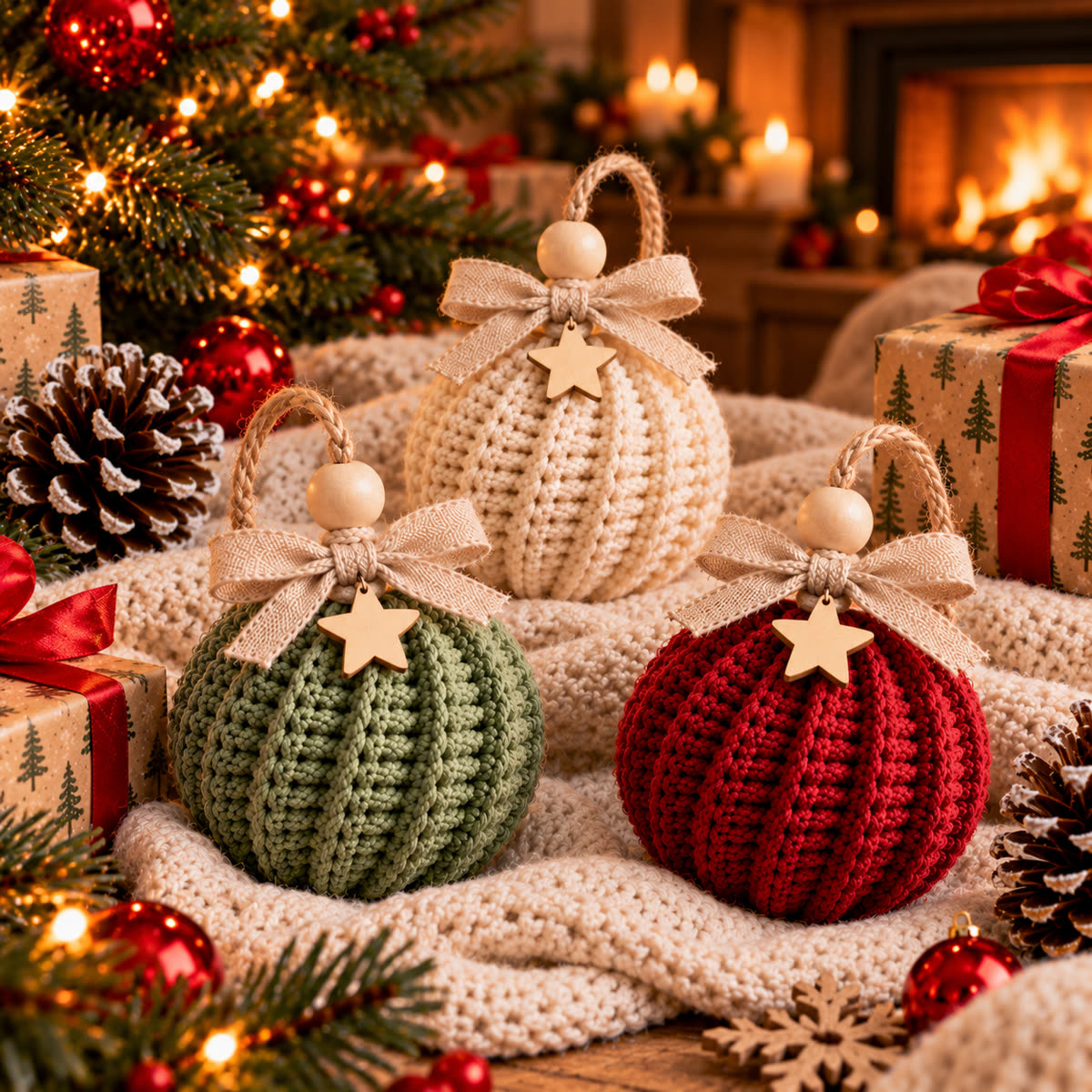 Trois boules de Noël au crochet suspendues